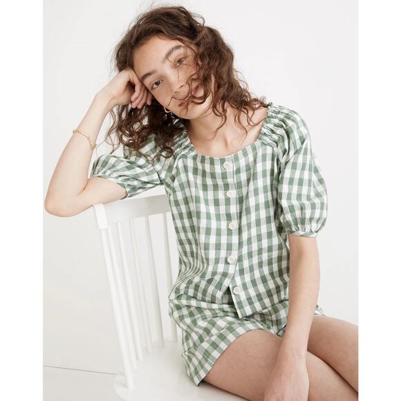 Madewell XS Linen Cotton Square Neck Button Front Top Gingham Check NE168 Green - Picture 1 of 8